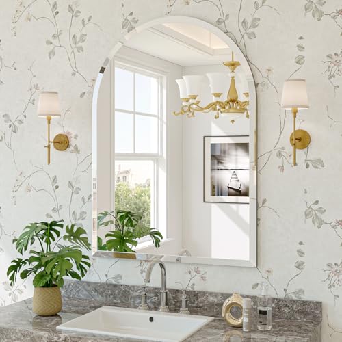 Frameless Bathroom Mirror, 22"x30" Beveled Arched Vanity Mirrors | Frameless, 15mm beveled edge, 5mm HD glass, shatterproof, anti-rust, french cleat, for bathroom/bedroom/entryway - size: 22"L x 30"W