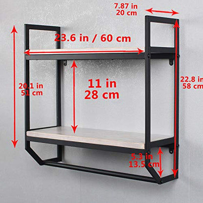 2-Tier Metal Industrial 23.6" Bathroom Shelves Wall Mounted,Rustic Wall Shelf Over Toilet,Towel Rack with Towel Bar,Utility Storage Shelf Rack, Floating Shelves Towel Holder,Retro White - color: B