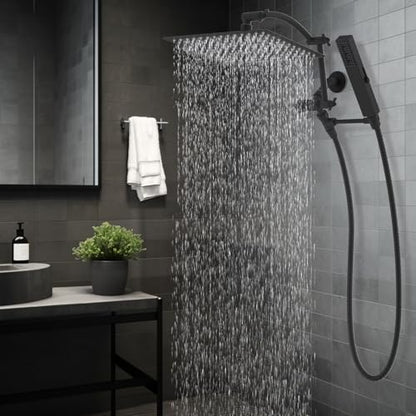 Hibbent All Metal CUPC Certified 12'' Rainfall Shower Head, Dual Shower Head Combo, High Pressure Handheld 4 Sprays Shower Wand, 16'' Adjustable Extension Arm, 71'' Hose, Shower Holder, Matte Black - color: Matte Black, style: Square 12''