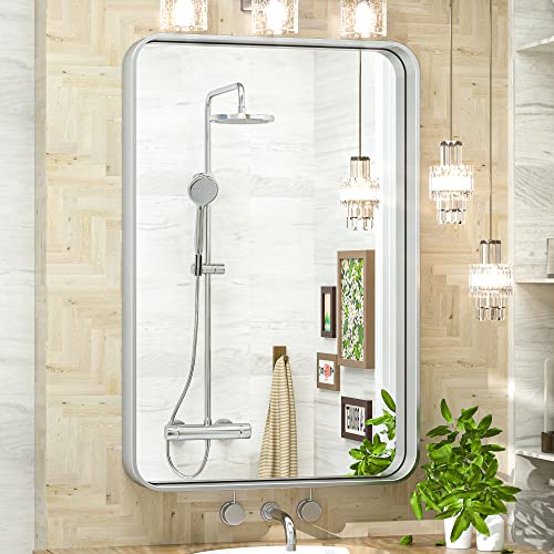 20 x 30 Inch Silver Bathroom Wall Mirror Vanity Metal Frame Round Corner Rectangular for Home Decor Living Room Entryway (Horizontal/Vertical) - color: Brushed Silver, size: 30"L x 20"W, style: Rectangle