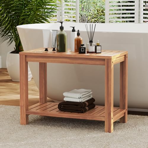 Giantex Teak Shower Bench with Shelf, 24 Inch Shower Stool with Slatted Seat for Elderly Seniors, Waterproof Bathroom Spa Bathing Seat Foot Rest Entryway Bench for Indoor and Outdoor Use - size: 24" x 12.5" x 18"