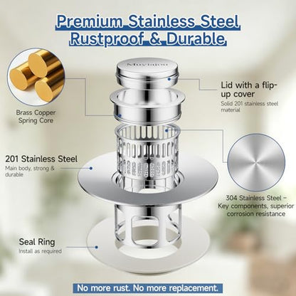 1.4"-2.6" Flip-Cover Bathtub Drain Stopper, 2 Strainers（1,Silver） | Flush-fit tool-free drain hair catcher, no springs, rustproof. Press to seal/drain, stops puddles. Durable - color: Flip Silver