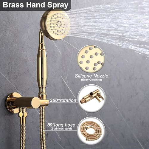 Enga Bright Gold Brass Shower Tub Faucet System Antique 8inch Rainfall Shower with Spout and Hand Spray - color: Bright Gold, style: 8" Head + Tub