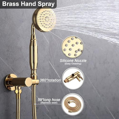 Enga Bright Gold Brass Shower Tub Faucet System Antique 8inch Rainfall Shower with Spout and Hand Spray - color: Bright Gold, style: 8" Head + Tub