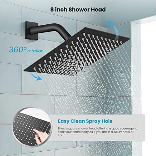 gotonovo Rainfall Bathroom Shower System Rain Shower Head and Handle Set Wall Mounted Shower Complete Combo Solid Brass Pressure Balancing Shower Mixer Valve 8 Inch Matte Black - color: Matte Black, size: 8 Inch