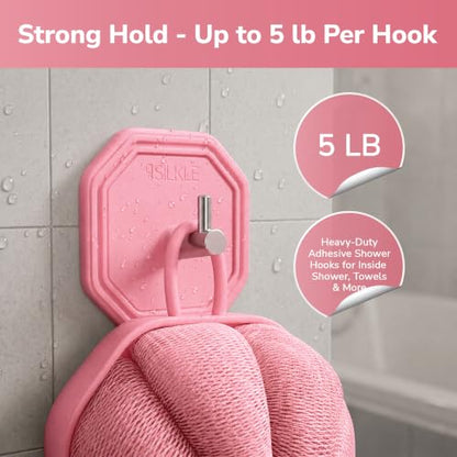SILKLE Silicone Shower Hooks for Inside Shower, 2-Pack Adhesive Towel Hooks | Adhesive Shower Hooks, No Drill - Razor & Loofah Holders for Shower Wall, Heavy-Duty, Waterproof, Damage-Free - Pink - color: Pink