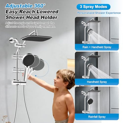 10" Rain Shower Head with Handheld, High Pressure Boosting Rainfall Showerhead with All Metal Adjustable Extension Arm, Easy Reach Shower Holder, 5 Spray Modes with Power Wash, Easy to Install, Chrome - color: Chrome