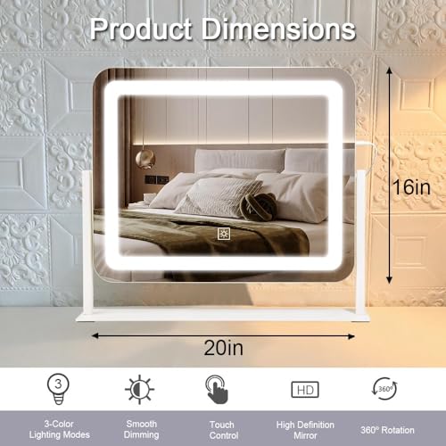 YEKKOPT 16"x20" Desk Makeup Vanity Mirror with Lights - Smart Touch Control, Dimmable Light (3 Modes), for Makeup Desk, Bedroom, Dressing Room - size: 16"L x 20"W