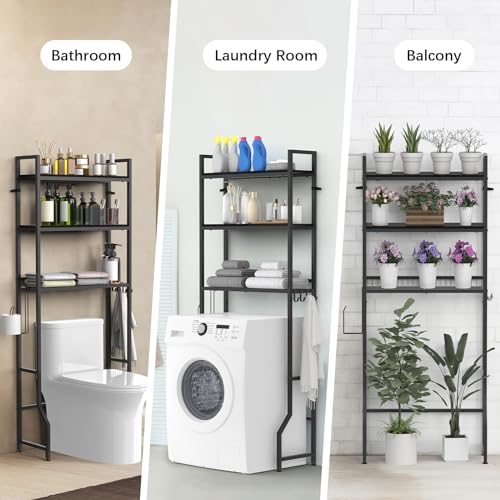 Over The Toilet Storage 3 Tier Over Toilet Bathroom Organizer | Over the Toilet Storage Cabinet, Freestanding Above Toilet Stand, with Paper Holder and 4 Hooks, Space-Saving, Black - color: Black