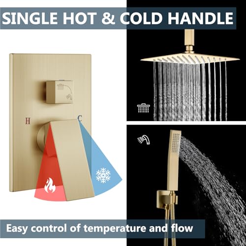 Aolemi Ceiling Shower Faucet with Handheld 12 Inch Head Brushed Gold | Shower Valve and Trim Kit,SUS304 Rain Head and Handle Set System,All Metal,Bathroom, Handheld Spray - color: Gold, size: 12 Inch Ceiling Shower Head