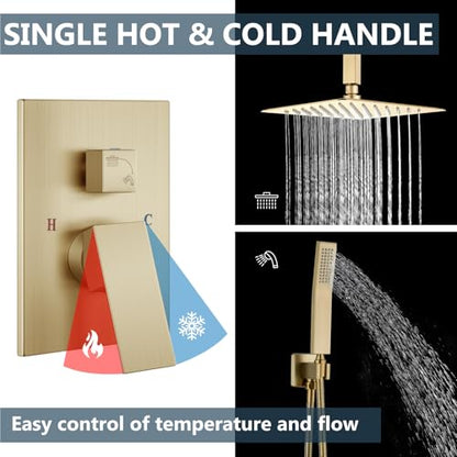 Aolemi Ceiling Shower Faucet with Handheld 12 Inch Head Brushed Gold | Shower Valve and Trim Kit,SUS304 Rain Head and Handle Set System,All Metal,Bathroom, Handheld Spray - color: Gold, size: 12 Inch Ceiling Shower Head