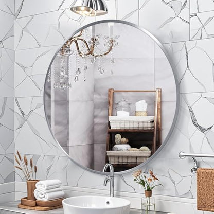 34inch Sliver Round Mirror,Aluminum Brush Framed,Wall Mounted Vanity Mirror,5MM Copper Free Mirror - size: 34"L x 34"W