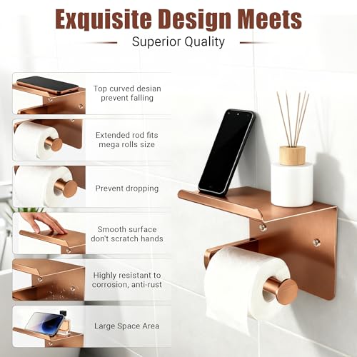 Rose Gold Toilet Paper Holder with Shelf, SUS304 Stainless Steel Rustproof Wall Mount Toilet Paper Roll Holder, Screw Bathroom Toilet Paper Holder for Kitchen, Washroom, RV - color: Rose Gold