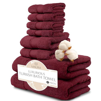MAURA Burgundy Bath Towel Set of 8 for Bathroom. Turkish Cotton Luxury Bath Towels Extra Large, Thick, Plush & Soft. Hotel & Spa Quality - Burgundy - color: Burgundy, size: 8-Piece Set (2 Bath, 2 Hand, 4 Washcloth)
