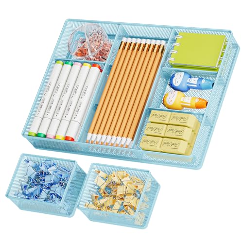 Marbrasse 3 Packs Desk Drawer Organizers, Metal Mesh Dividers with 9 Adjustable Compartments, Pen Organizer for Drawer Tray Box Accessories for Desktop,Kitchen, Makeup(Blue) - color: Blue