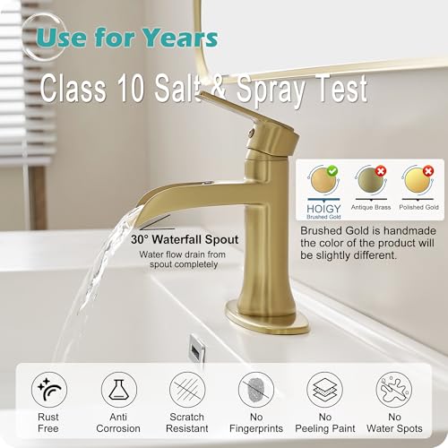 Brushed Gold Waterfall Bathroom Faucet Single Handle, 4 Inch 1 or 3 Hole Brass Bathroom Sink Faucets with Pop-Up Drain & Deck Plate for Vanity, Restroom, RV, Modern, 5 Mins Quick Install - color: Brushed Gold - Elegant