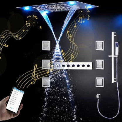 Cascada Luxurious 23"x31" LED Shower System with 6 Functions (Rainfall, Waterfall, Curtain, Misty, Body Jets & Handheld), Built-in Bluetooth Speakers & Shower Sliding Bar (Rose Gold) - color: Rose Gold
