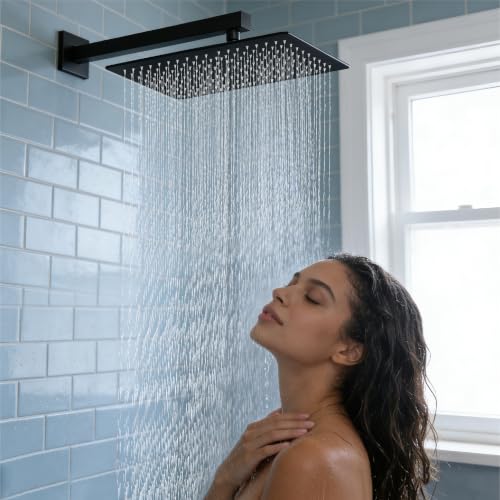 Midanya Square Rain Shower Head,High Pressure,Matte Black 16 Inch | 360°Swivel,Ceiling or Wall Mount,Waterfall Full Body Coverage,Bathroom Remodel,Stainless Steel Large Rainfall Shower Head - color: Black, size: 16 Inch
