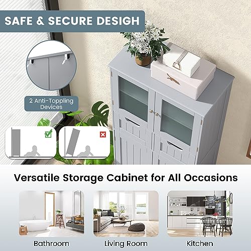 COSTWAY Bathroom Storage Cabinet, Freestanding Bathroom Organizer with Glass Doors, 2 Drawers and 2 Adjustable Shelves, Tall Linen Floor Cabinet for Bathroom, Living Room, Kitchen (Gray) | with Glass Doors, 2 Drawers & 2 Adjustable Shelves, Wooden Linen F