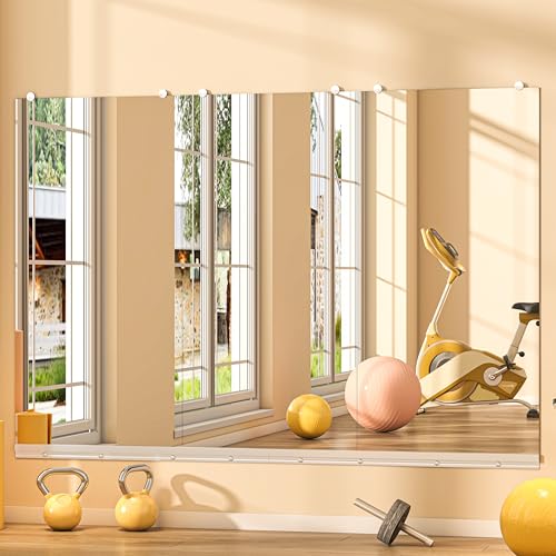 Hasipu Home Gym Mirror, 48"x24" Each, 4-Pack Frameless Wall Mounted Mirrors with Glass Clamps & 2 Aluminum Rail, Large Body Mirror for Home Gym, Yoga Studio, Bedroom, Silver Tempered Glass - size: 48"x24" - 4PCS