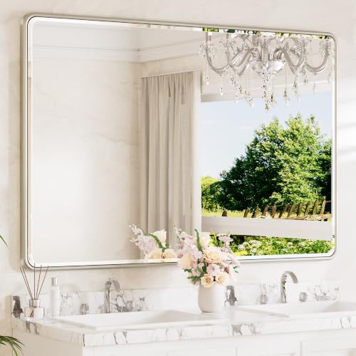 Brushed Nickel Vanity Mirror for Bathroom 60 x 40 Beveled Edge Tempered Glass, Rounded Corner Rectangle Wall Mirror for Modern Bathroom, Living Room, Bedroom, Entryway - color: Brushed Nickel, size: 40"L x 60"W