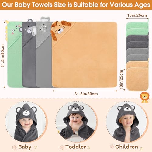 12 PCS Baby Bath Towels Set, Baby Towels for Newborn Bath Essentials | Ultra Soft Cozy, Thick & Absorbent, Cute Animal Hooded, 4 PCS Baby Towels & 8 PCS Washcloths, for Infants, Toddlers Boy Girl