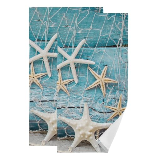 Nautical Starfish Seashell Hand Towels for Bathroom Set of 2 Soft Absorbent Tropical Blue Sea Ocean Marine Beach Theme Kitchen Towels Decorative Bathroom Towels for Bath,Guest,Face 14"x28" - color: Blue