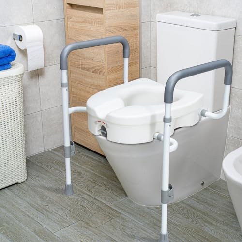 Raised Toilet Seat with Handles for Seniors, 5-inch Rise | Toilet Seat Risers for Seniors with Handles and Padded Arms, Elevated Seat for Handicap, Fits Standard & Elongated Commodes
