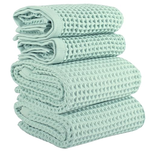 PÜSKÜL Natural 100% Turkish Cotton Waffle Towels Set of 4-Piece, Ice Green | 2-Bath sheet (Extra-large 32x63") and 2-Hand towel (Large 32x16"). Premium honeycomb-waffle weave, oeko-tex made in Turkiye. - color: Ice Green