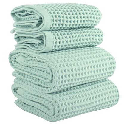 PÜSKÜL Natural 100% Turkish Cotton Waffle Towels Set of 4-Piece, Ice Green | 2-Bath sheet (Extra-large 32x63") and 2-Hand towel (Large 32x16"). Premium honeycomb-waffle weave, oeko-tex made in Turkiye. - color: Ice Green