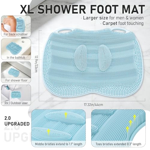 Silicone Shower Foot Scrubber Mat XL with Non-Slip Suction Cups | Feet Toes Deep Clean Exfoliate Massage Brush without Bending, Use in Shower Bathtub Floor Bathroom Safe 17.4*13.4" Light Blue - color: 17.4*13.4" Light Blue