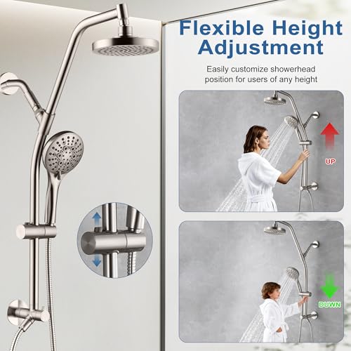 BRIGHT SHOWERS Rain Shower Head with Handheld Combo, Dual Shower System with Slide Bar, Rain Shower System, Adjustable Height, Brass Slide Bar & Diverter, 60 Inch Stainless Steel Hose, Brushed Nickel - color: Brushed Nickel