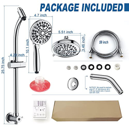 High Pressure Handheld/Rain 82-mode 3-way Shower Head Combo with 25.75" Adjustable Drill-free Stainless Steel Slide Bar, Pet & Tub Power Wash and Anti-clog Nozzles, with 5ft Hose - Polished Chrome - color: Polished Chrome