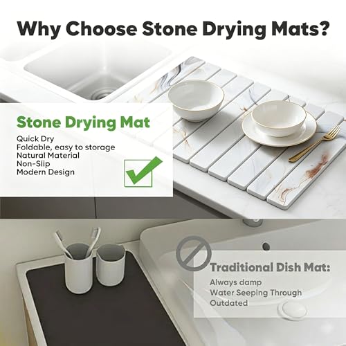 Stone Drying Mat for Kitchen Counter, Quick Diatomaceous Earth Mats for Dishes, 24"L x 16" W Super Absorbent Fast-Drying Collapsible Countertop Stone Mat (Marble White-05, 24" x 16") - color: Marble White-05