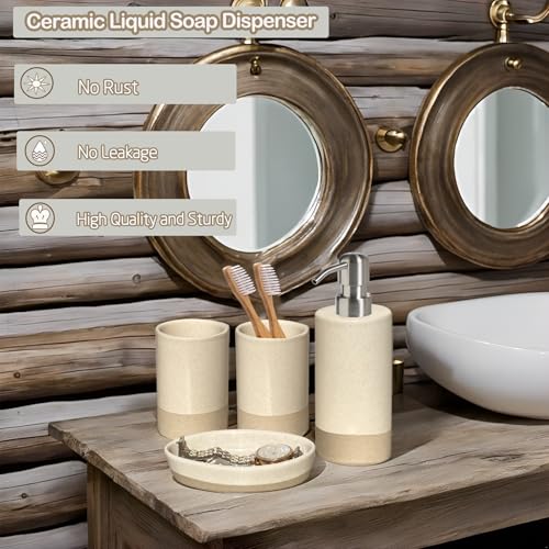 Bathroom Accessories Set 4, Beige Soap Dispenser for Bathroom, Toothbrush Holder,Tumbler Cup and Soap Dish, New Apartment Essentials, Modern Beige Bathroom Décor (Rustic) - style: Rustic