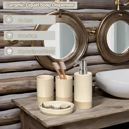 Bathroom Accessories Set 4, Beige Soap Dispenser for Bathroom, Toothbrush Holder,Tumbler Cup and Soap Dish, New Apartment Essentials, Modern Beige Bathroom Décor (Rustic) - style: Rustic