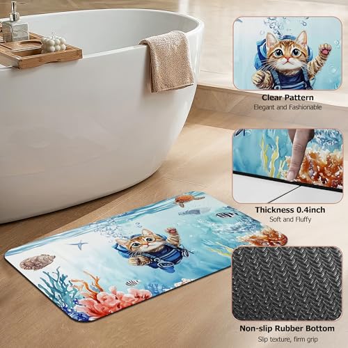 Diatomaceous Earth Bath Mat,Funny Cat Bath Rugs,Blue Sea Ocean Non-Slip Thin Absorbent Fast Drying Easy to Clean for Bathroom Laundry Home Kitchen Door Mat 17x29.5Inch - color: Funny Cat,blue Sea Ocean