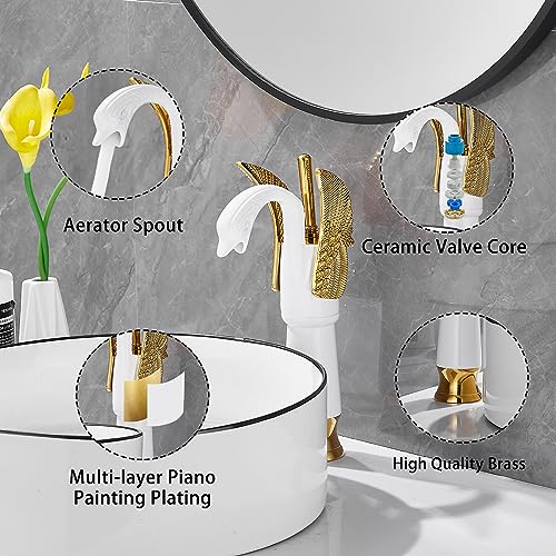 Swan Shape Single Handle 1Hole Bathroom Vessel Sink Faucet Deck Mount Lavatory Sink Faucet Gold Mixed White - color: White, size: Tall