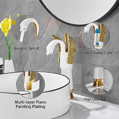 Swan Shape Single Handle 1Hole Bathroom Vessel Sink Faucet Deck Mount Lavatory Sink Faucet Gold Mixed White - color: White, size: Tall