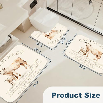 Bathroom Mat Set Farmhouse Abstract Cow Rustic Bathroom Rugs Sets 3 Piece Aesthetic Animal Cattle Feed, Memory Foam Bath Rugs, U-Shaped Toilet Rug Non Slip Absorbent Beige - color: Color10