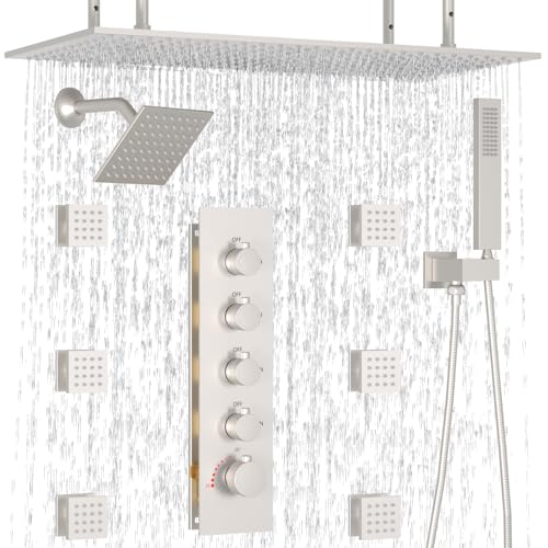 HOMEDEC Full Body Shower System with Dual Shower Heads, 6pcs Body Jets with 15.7x31.5" Rainfall and 6" Showerheads, Brushed Nickel - color: Brushed Nickel, style: 4-Way + 1x 6" Top