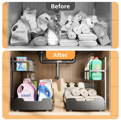 Under Sink Organizer, 2-Tier L-Shaped Pull Out Cabinet Shelf with 2 Installation Methods, Adjustable Sliding Storage Drawer for Kitchen, Bathroom, Laundry, Metal, Black, 2-Pack - size: 2 Pack