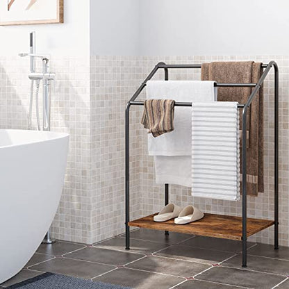 HOOBRO Freestanding Towel-Rack for Bathroom, 3 Tier Blanket Rack for Living Room, 23.6" L x 14.2" W x 33.9" H, Quilt Blanket Ladder Holder, Drying and Display Rack, Rustic Brown and Black BF63LB01 - size: 23.6"L x 14.2"W x 33.9"H