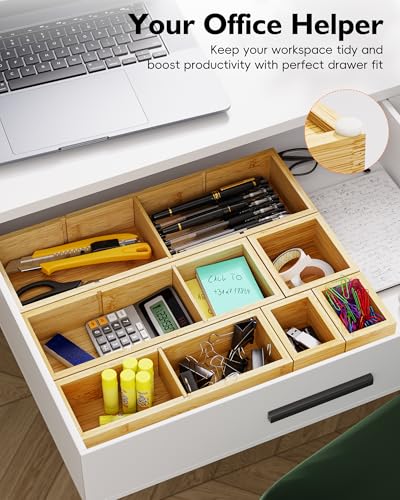 Bamboo Drawer Organizer Set, 6 PCS Trays with 12 Compartments | Natural Bamboo, Flexible Modular Trays, Water-Resistant, Stackable Design, Adjustable, Excellent Organization, Easy to Clean - size: 12 Compartments