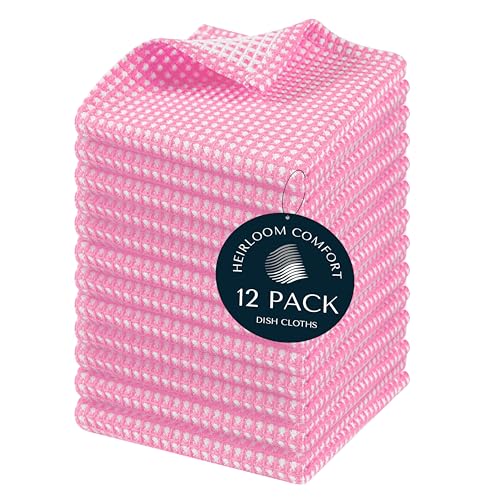 12 Pack Dual Tone Waffle Weave Dish Cloth, 12"x12", 100% Cotton, Absorbent, Fast Dry, Soft for Cleaning, Durable Dishcloth Set, Machine Washable, Hand Dish Towels, Baby Pink - color: Baby Pink