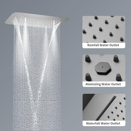Brushed Nickel Shower Faucet System 16 X 24" 3 Functions Waterfall Mist Rainfall Ceiling Shower Head Thermostatic Full Body Shower Faucet Set Complete With Handheld And Shower Body Jet Spray - color: Brushed Nickel