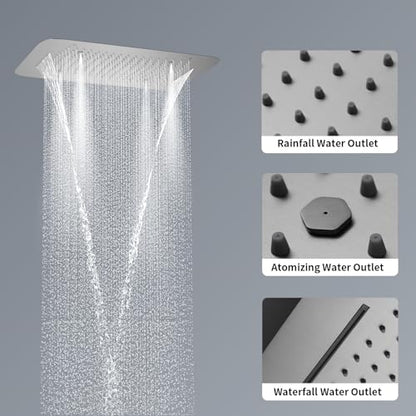Brushed Nickel Shower Faucet System 16 X 24" 3 Functions Waterfall Mist Rainfall Ceiling Shower Head Thermostatic Full Body Shower Faucet Set Complete With Handheld And Shower Body Jet Spray - color: Brushed Nickel