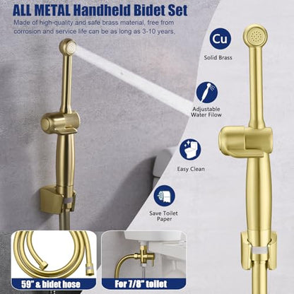 Handheld Bidet Sprayer for Toilet, Cloth Diaper Toilet Sprayer, Hand Held Bidet Attachment Brass 7.9" Bidet Wand, Adjustable Water Jet Spray with Backflow Preventer, Brushed Gold - color: Brushed Gold