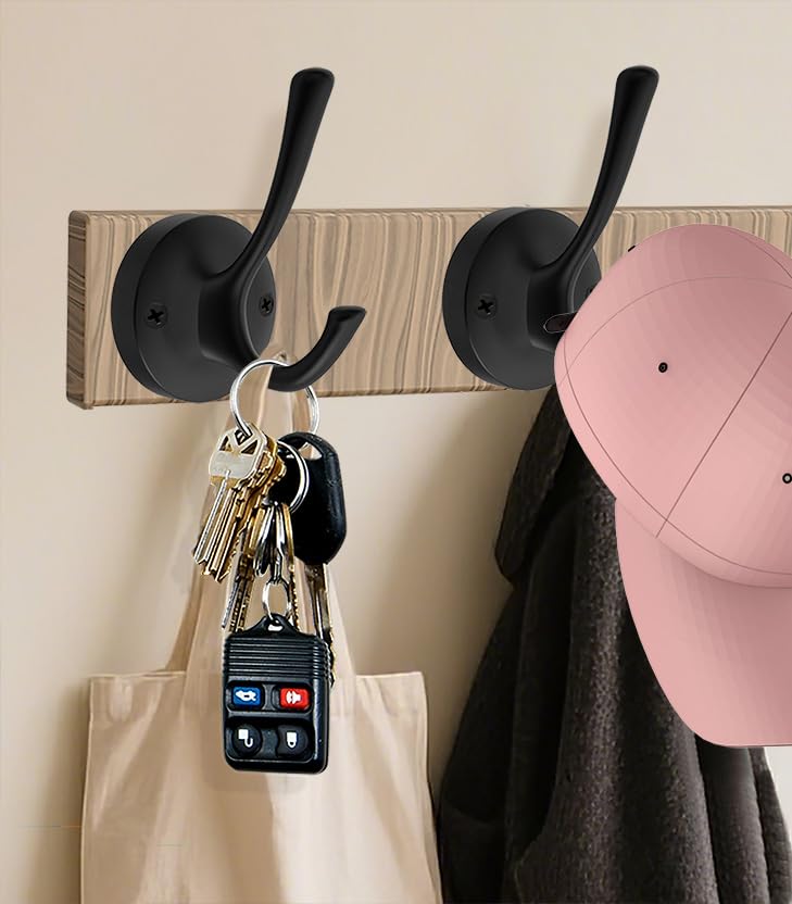 TOFIIGREM Black Towel Hooks, 2 Pack Coat Robe Hook Heavy Duty Metal Double Bathrobe Hook Wall Mounted, Hand Towels Hooks for Cubicle Bathroom Kitchen Closet Garage - color: Black, size: 2 Pack