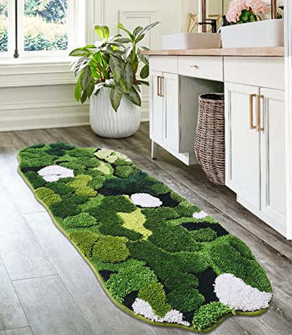 Hifuwan Cute Green Moss Bathroom Runner Rugs, Plant Leaf Bath Mats 20 x 43 | Boho Aesthetic, Long Rectangular Shaggy Non Slip, Machine Washable, Absorbent Bathmats for Bedroom, Shower Floor, Home Decor - size: 1'8" x 3'7" (Rectangular)